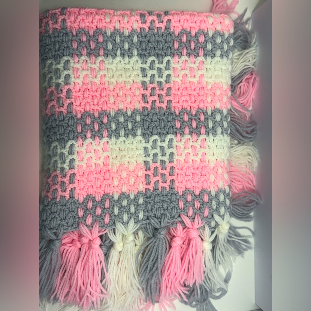 NEW - Pink, Gray and White Plaid Knitted Baby Blanket With Fringe